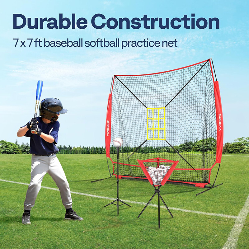 7x7ft Baseball Softball Practice Net with 2 Strike Zone Batting Tee & Carry Bag