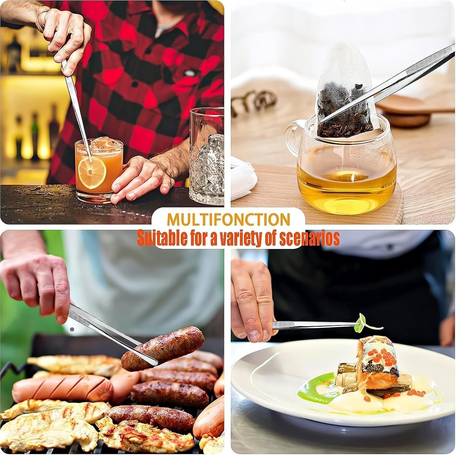 2Pcs Stainless Steel Kitchen Tweezers, 10-Inch Culinary Fine Tweezer Tongs Food.