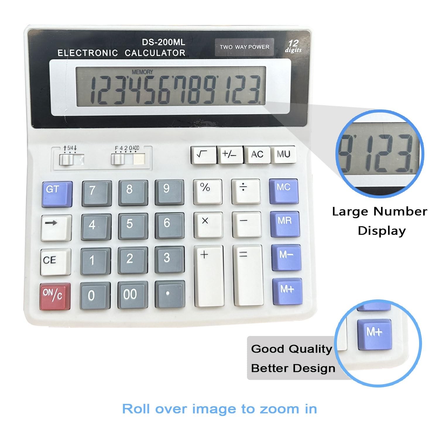 Desk Calculator Large 12 Digit Display, Dual Power Basic Calculator Desktop, Big