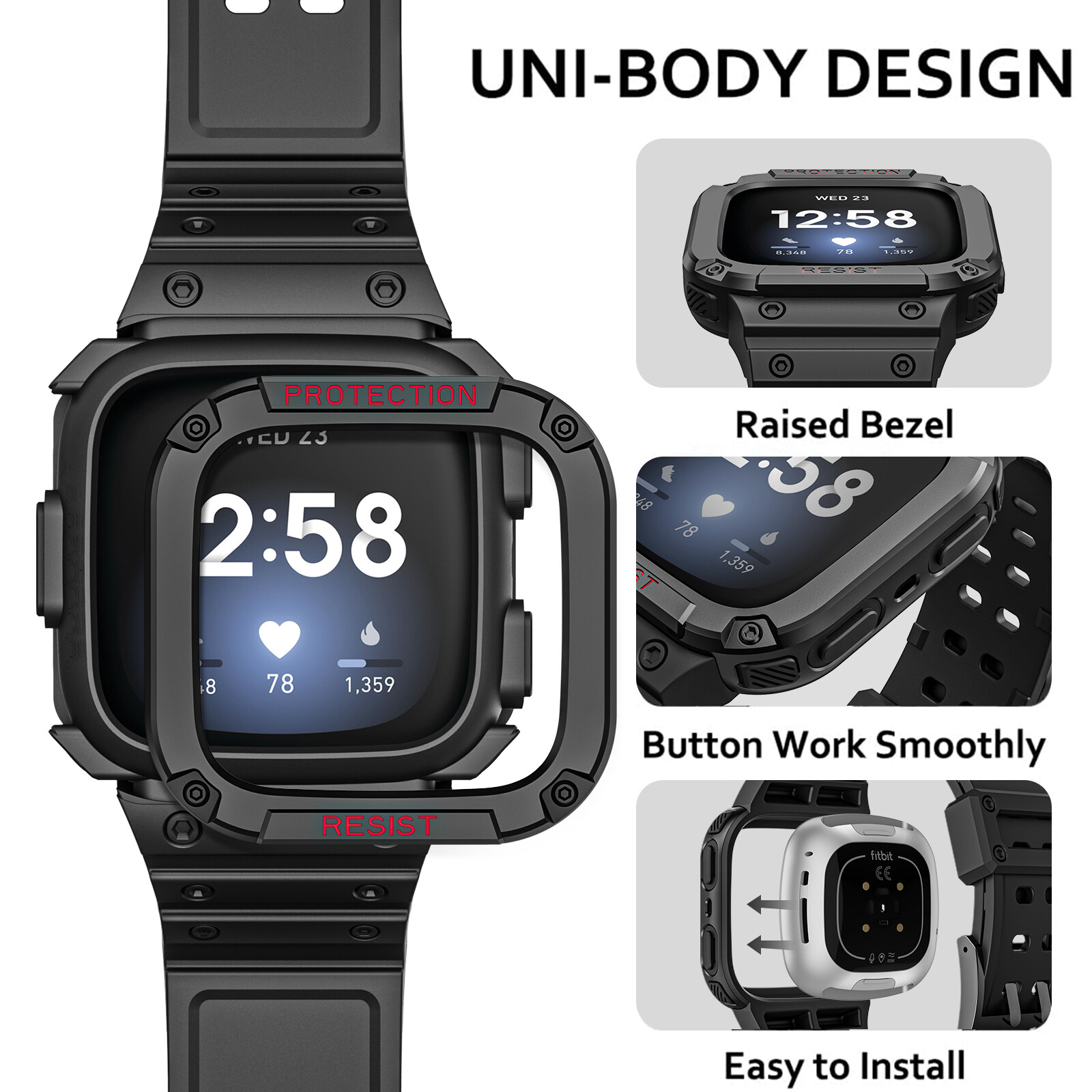 For Fitbit Versa 3/2/1/Lite/Sense Rugged Men Sport Bands with Protective Cover