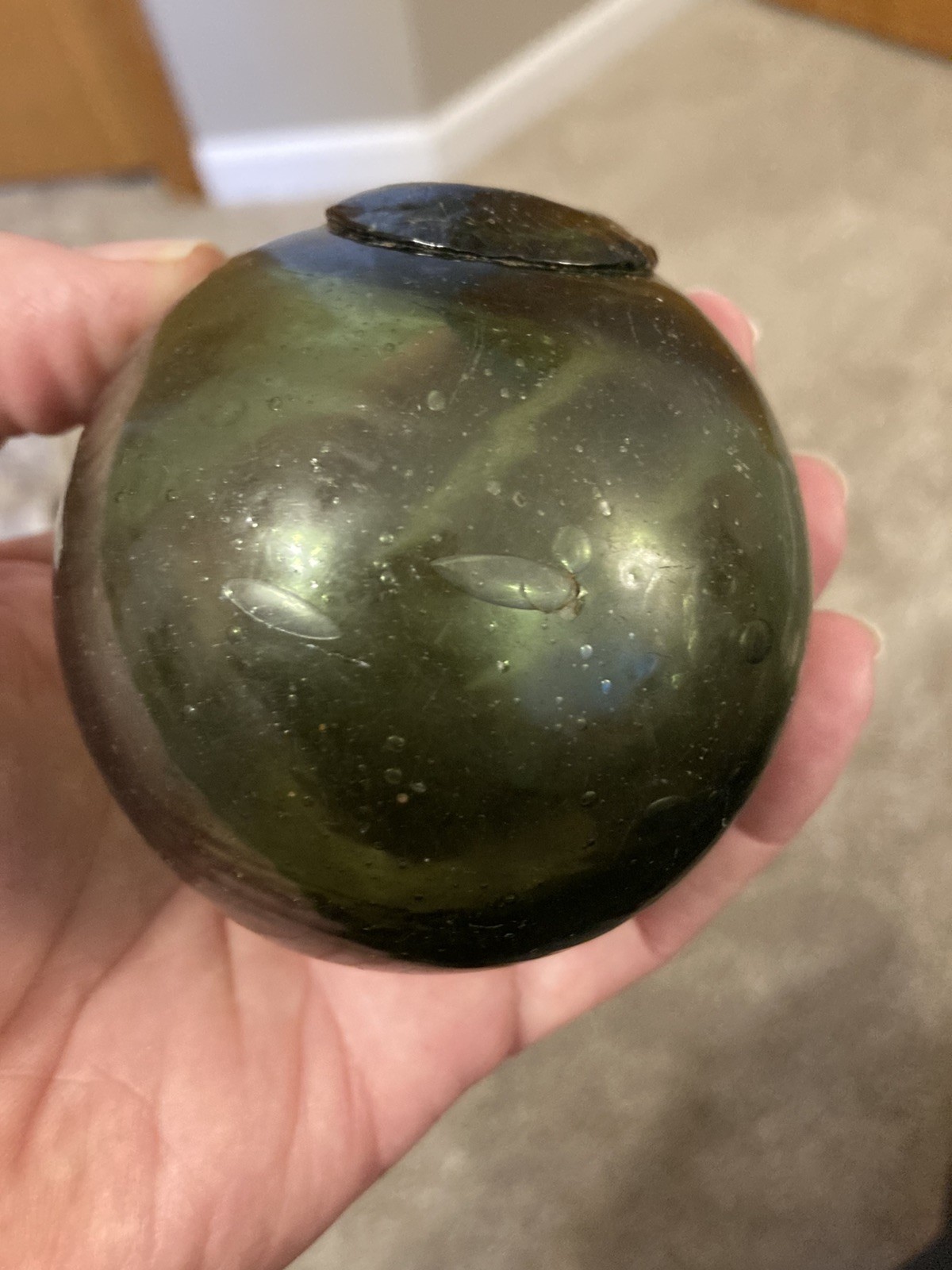 Vintage Japanese Glass Fishing Float Olive Green Net Buoy Nautical Decor