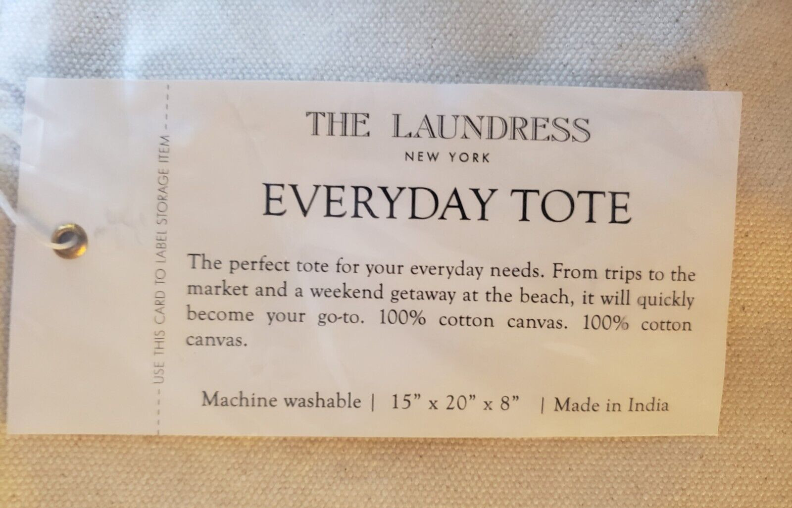 The Laundress - EVERYDAY TOTE BAG - 100% Cotton Canvas - 15" x 20" x 8" - NEW