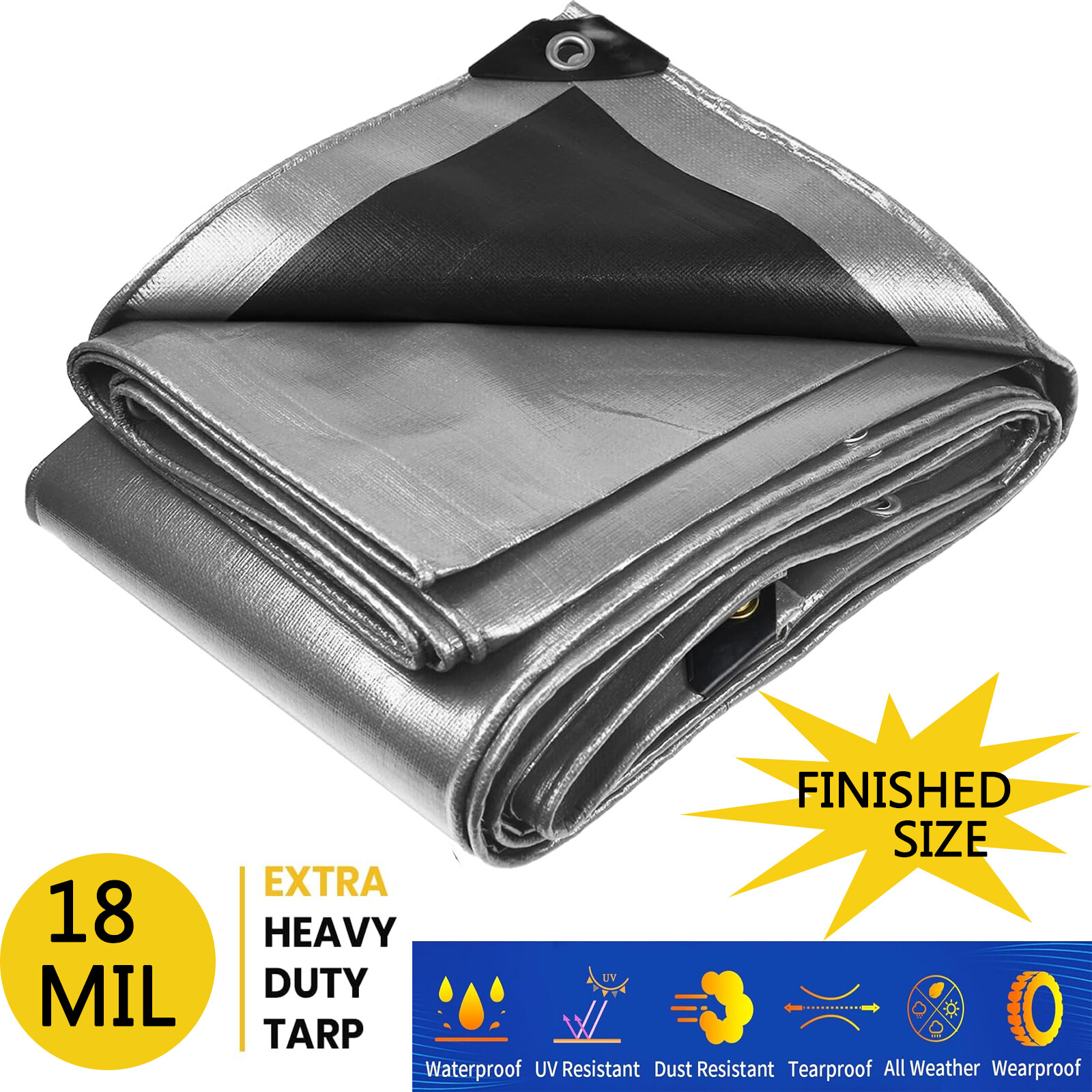 Finished Size 18Mil Heavy Duty Poly Tarp Waterproof Canopy Cover Tarpaulin Shade