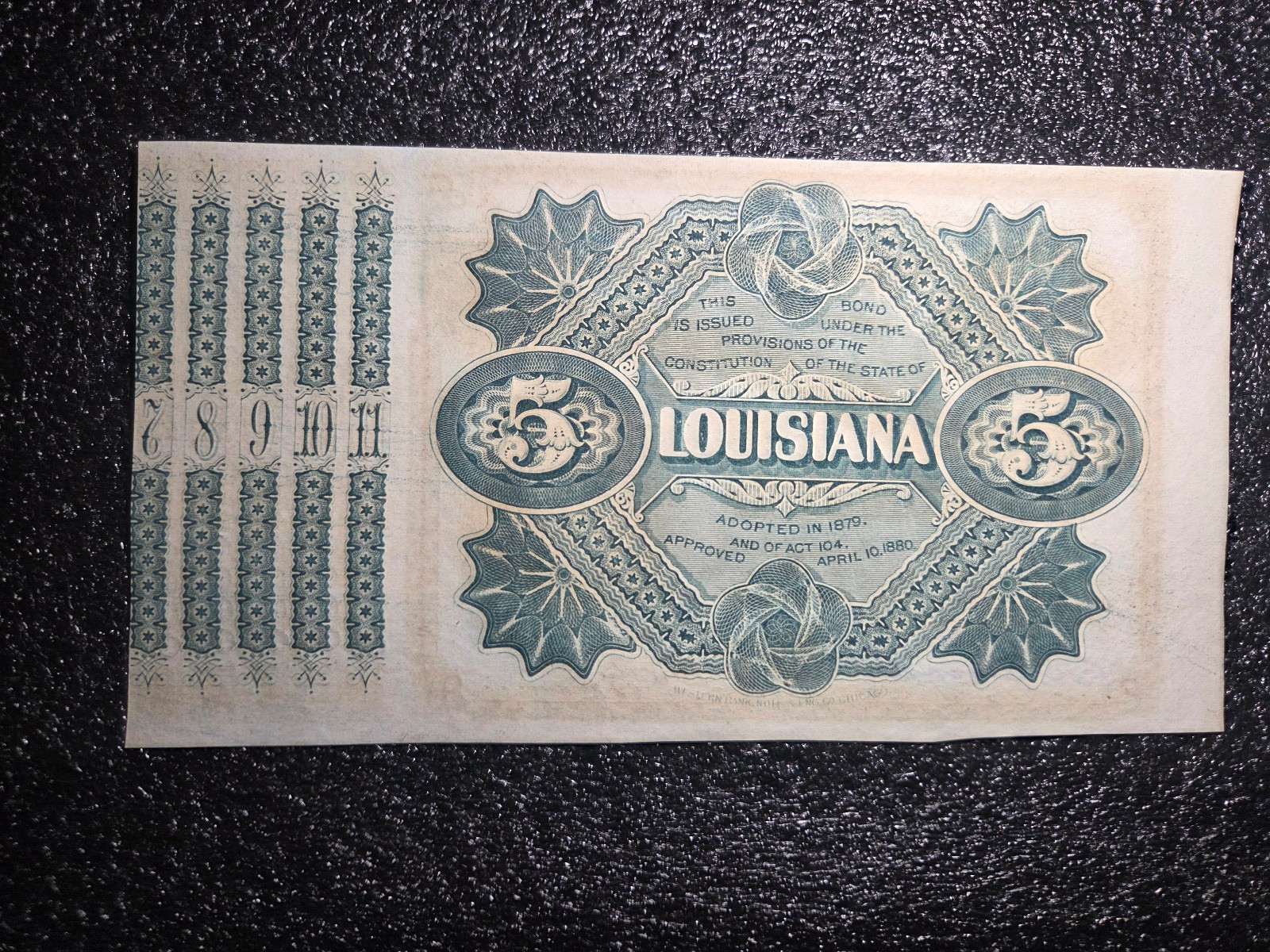 1880s Louisiana $5 “Baby Bond” Obsolete Note w/ 5 Coupons Red #9322
