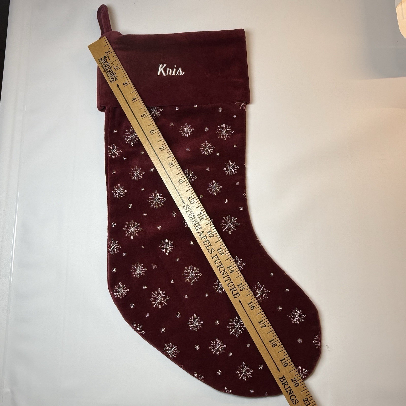 Lands End Burgundy Christmas Stocking Snowflakes Velvet Embroidered Name KRIS