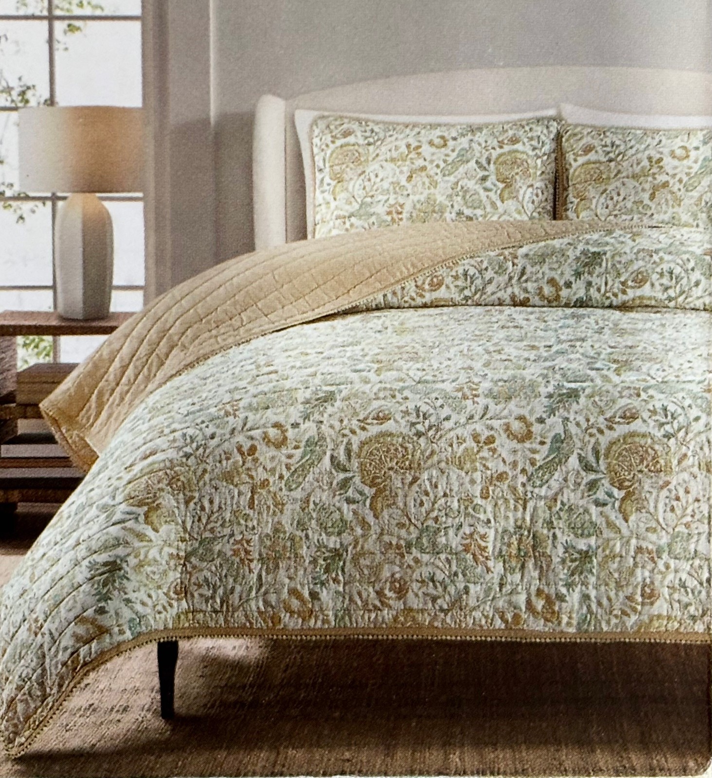 NEW Brooks Brothers Floral Bird King Size Cotton Quilt Set   Scallop Border