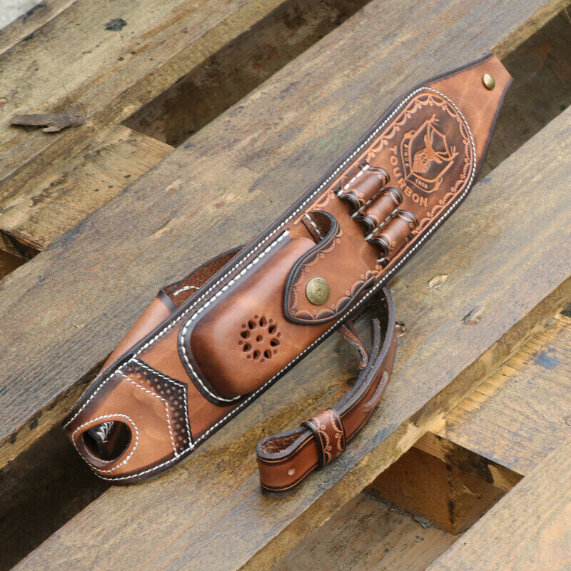 Tourbon Retro Leather Rifle Sling Gun Ammo Carrying Strap w/Knife Sheath Pocket