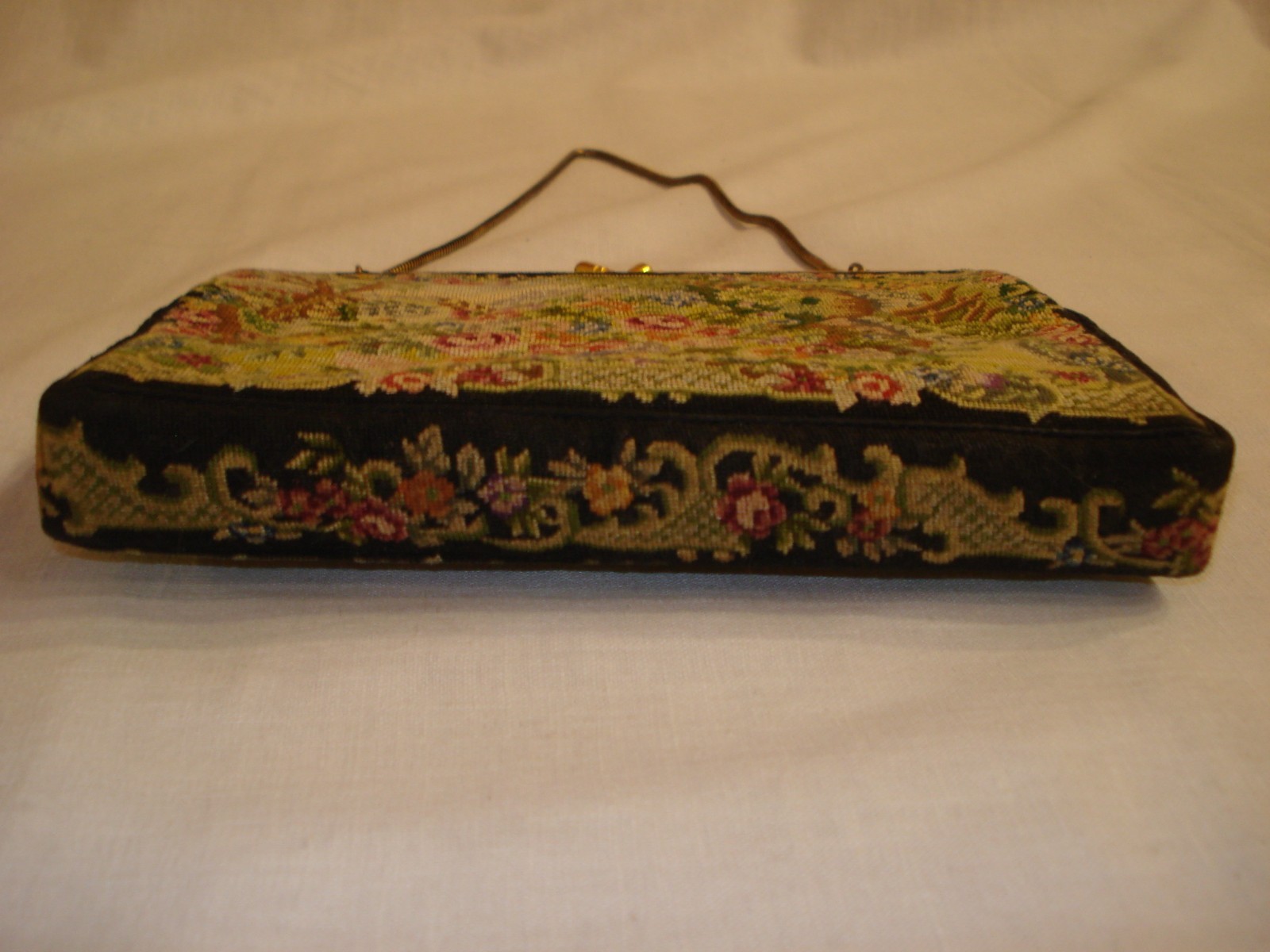 VINTAGE PETIT POINT FLORAL TAPESTRY GOLD METAL MOTHER OF PEARL TRIMMED FRAME