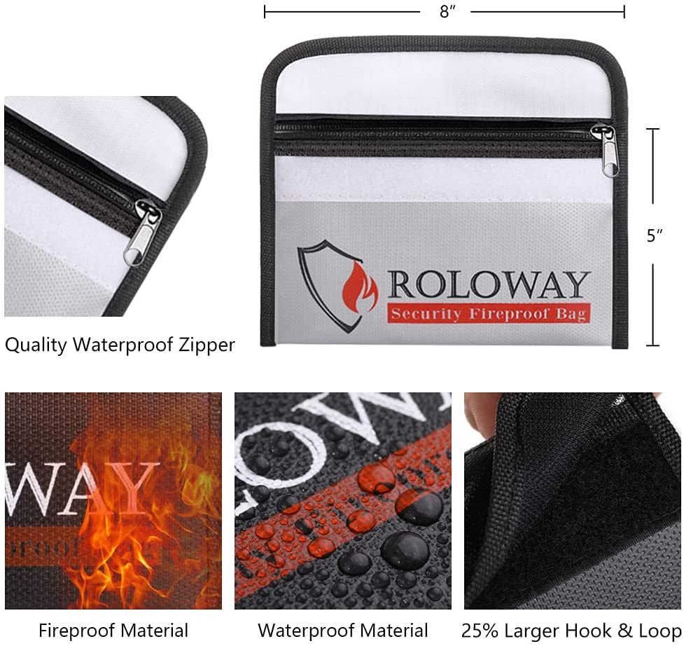 ROLOWAY Fireproof Bag (5 X 8 ), Money Wallet Cash Fireproof Bag (2-Pack)