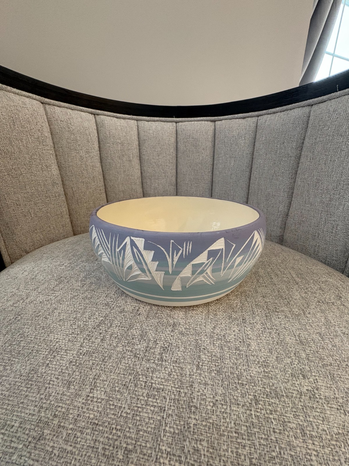 Navajo Bowl Blue & White Mesa Verde Etched Hand Painted & Signed 7.5"X3.5" NEW!