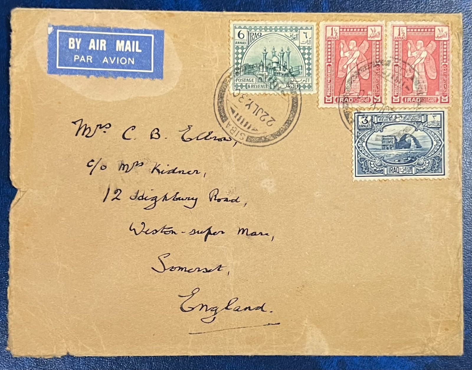 IRAQ , Cover Sent to UK 1930 SIBA Stamped , Blue Lable BY AIR MAIL
