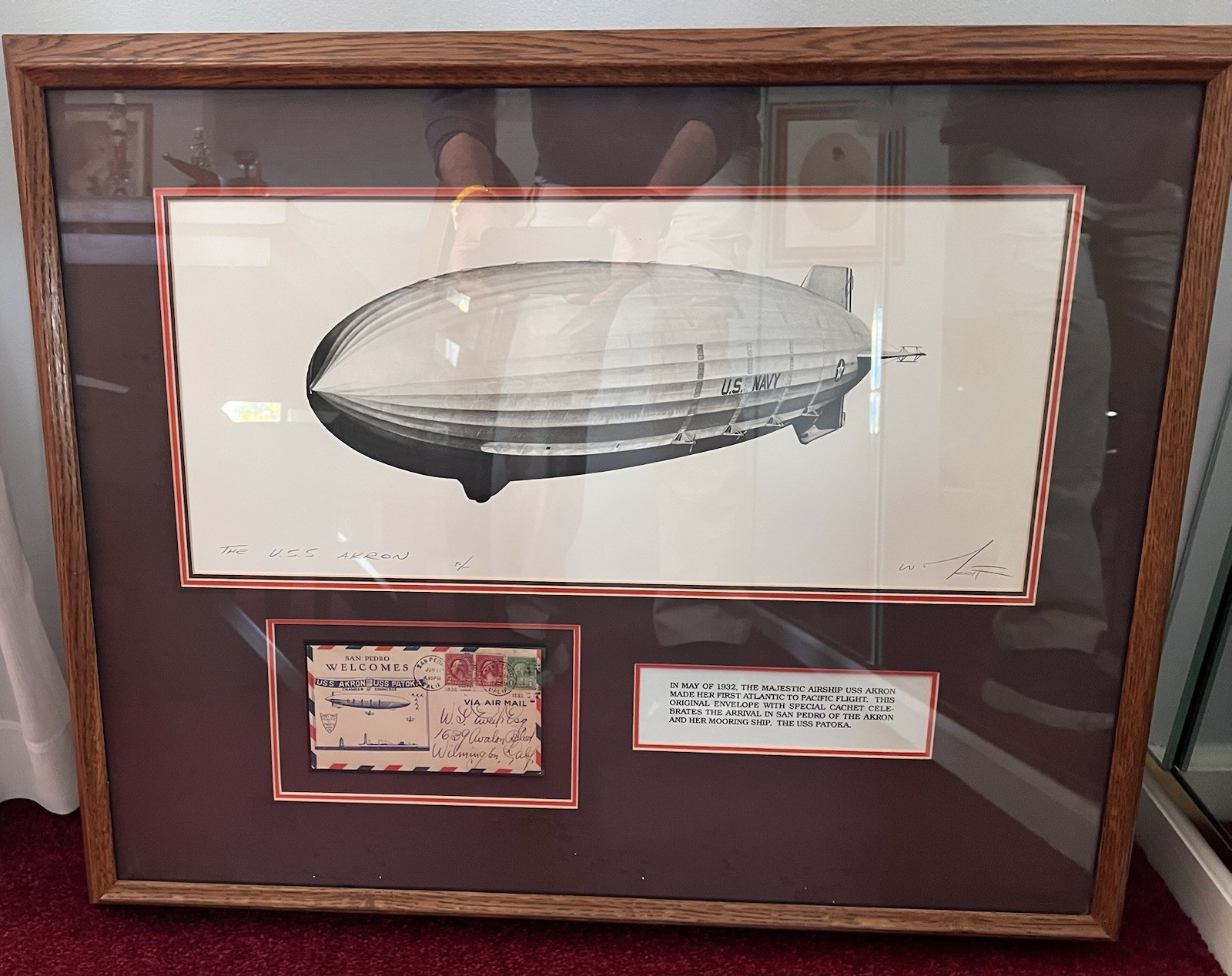 USS AKRON Signed Sketch With AIRMAIL LETTER That Was Carried Aboard - Framed