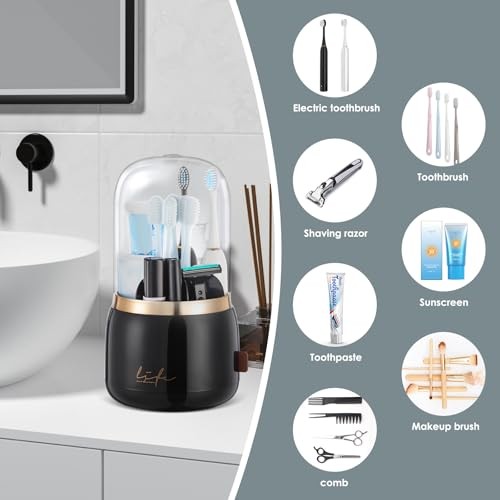 Toothbrush Holders with Cover for Bathrooms, 360° Rotating 7-Slot Black