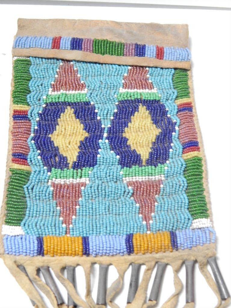 VINTAGE ARAPAHO BEADED PLAINS RATION CARD POUCH - TIN CONES FRINGE CLEAN + NICE