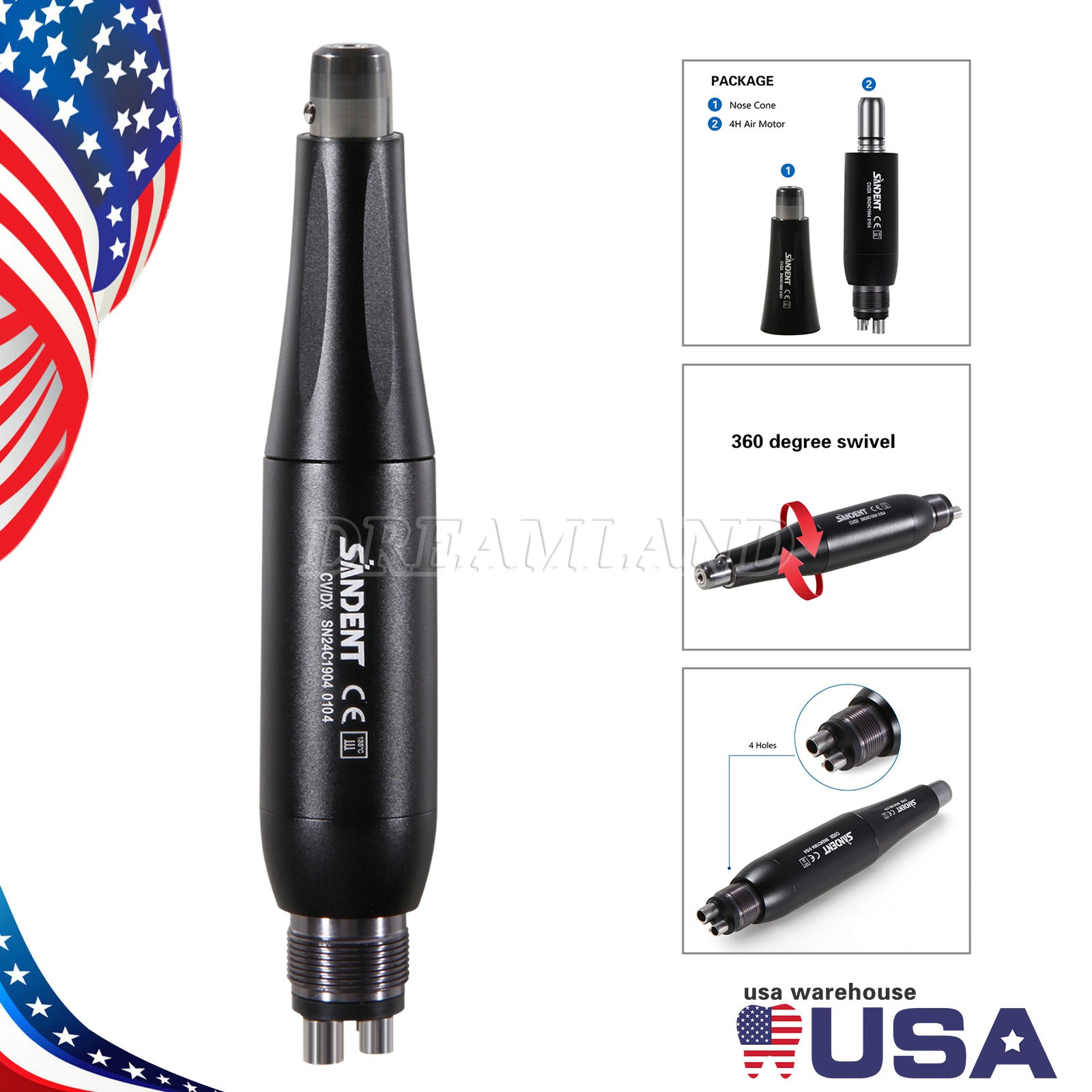 1-5 Dental Hygiene Prophy Handpiece Air Motor 4Holes 4:1 Nose Cone 360°Swivel