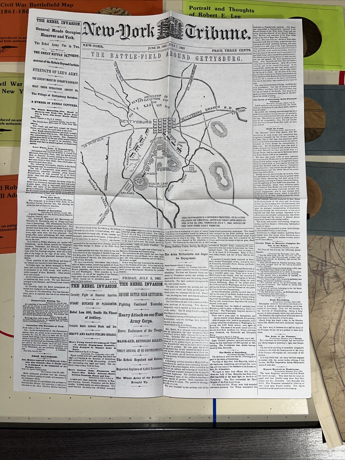 Civil War Battle of Gettysburg Reproduction Authentic Documents & Maps lot Of 8