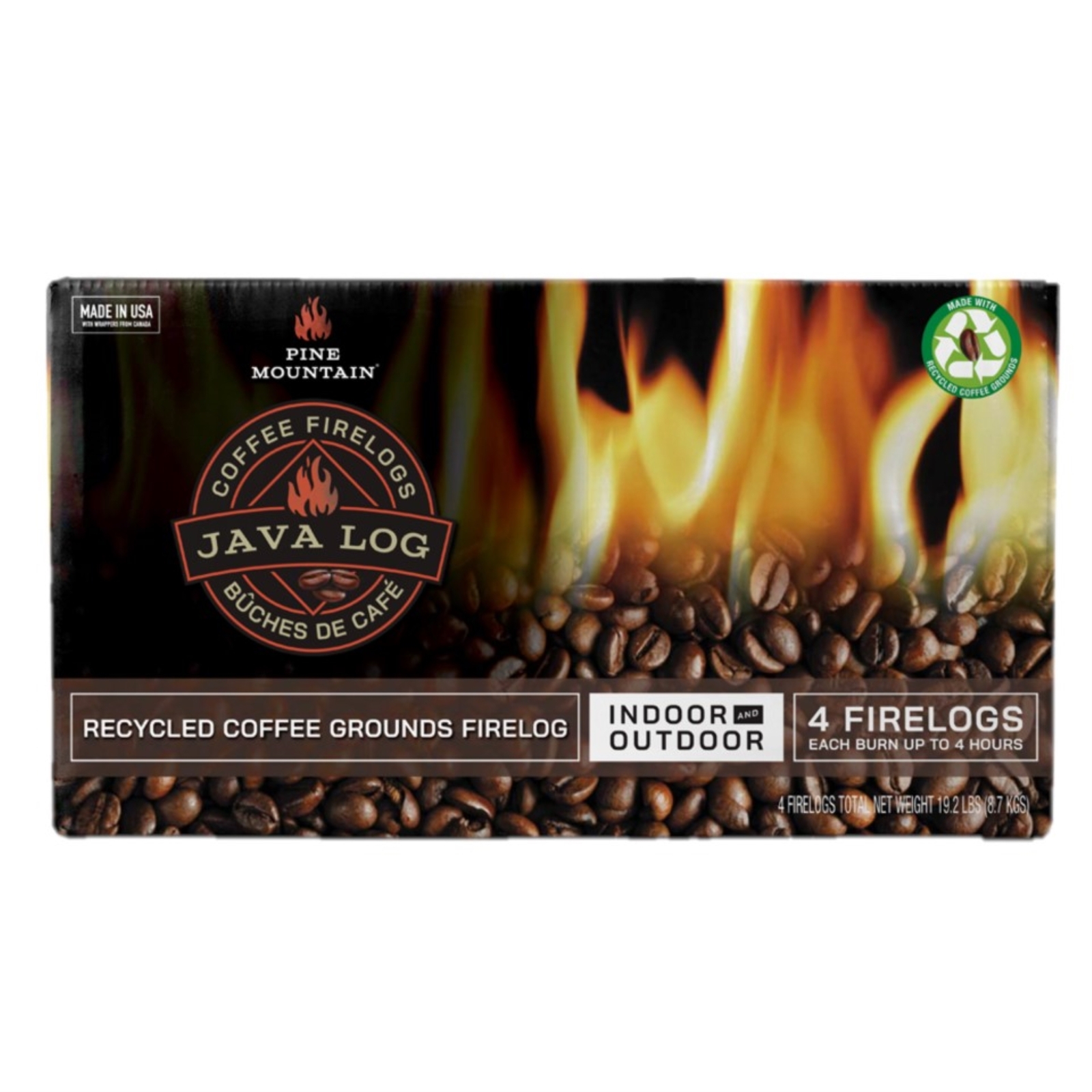 Pine Mountain Java-Log Firelog, 4-Hour Burn, Coffee Grounds (Pack of 4)