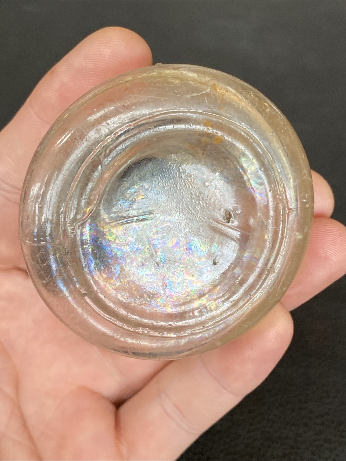 Antique Iridescent Clear Sheered Lip Cone Ring Shoulder 19th C Ink Well Bottle