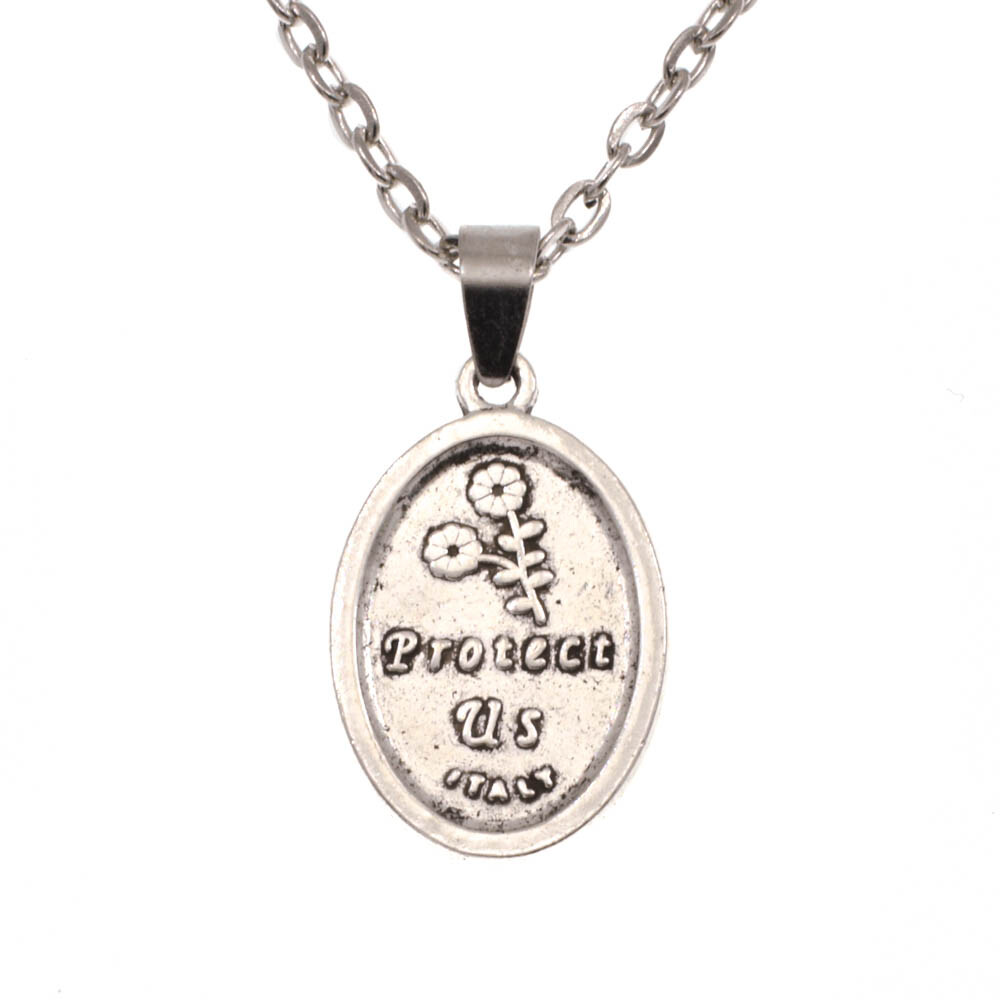 Saint St Christopher Protect Us Oval Silver Medal Pendant Necklace 18" Chain