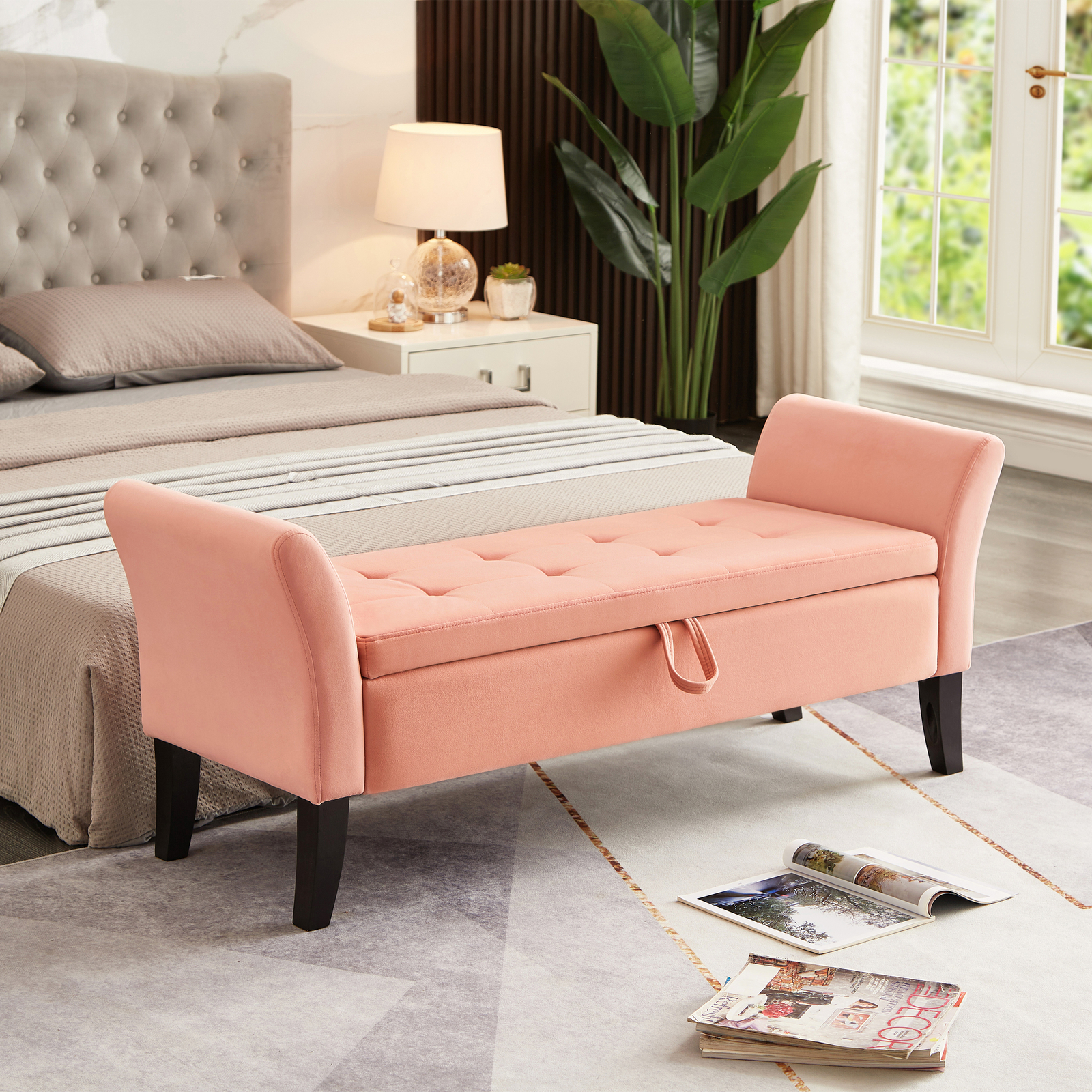 52" Storage Bench Upholstered Ottoman Bench with Arms Velvet Button-Tufted Bench