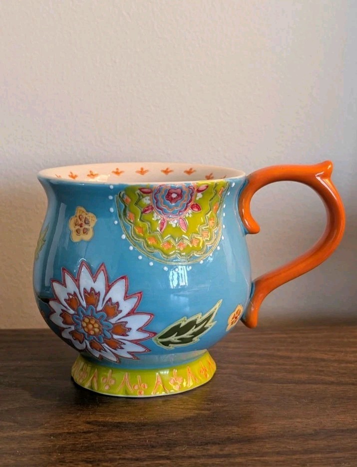Dutch Wax Anthropologie Large Footed Mug Cup Floral Hand Painted Ceramic