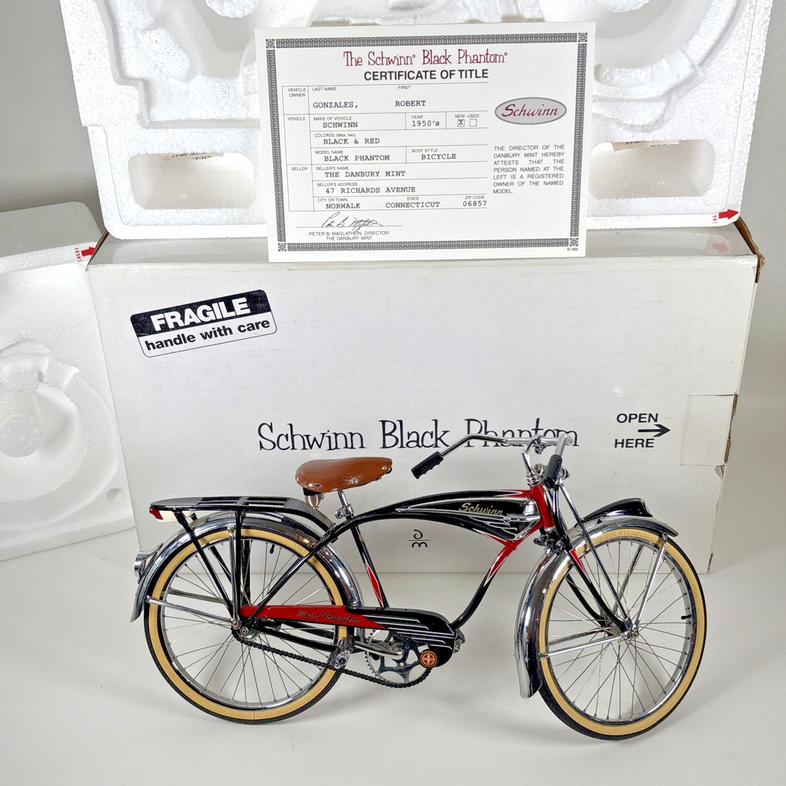 Danbury Mint Schwinn Black Phantom 1:6 Scale Die Cast Model Bicycle COA & BOX