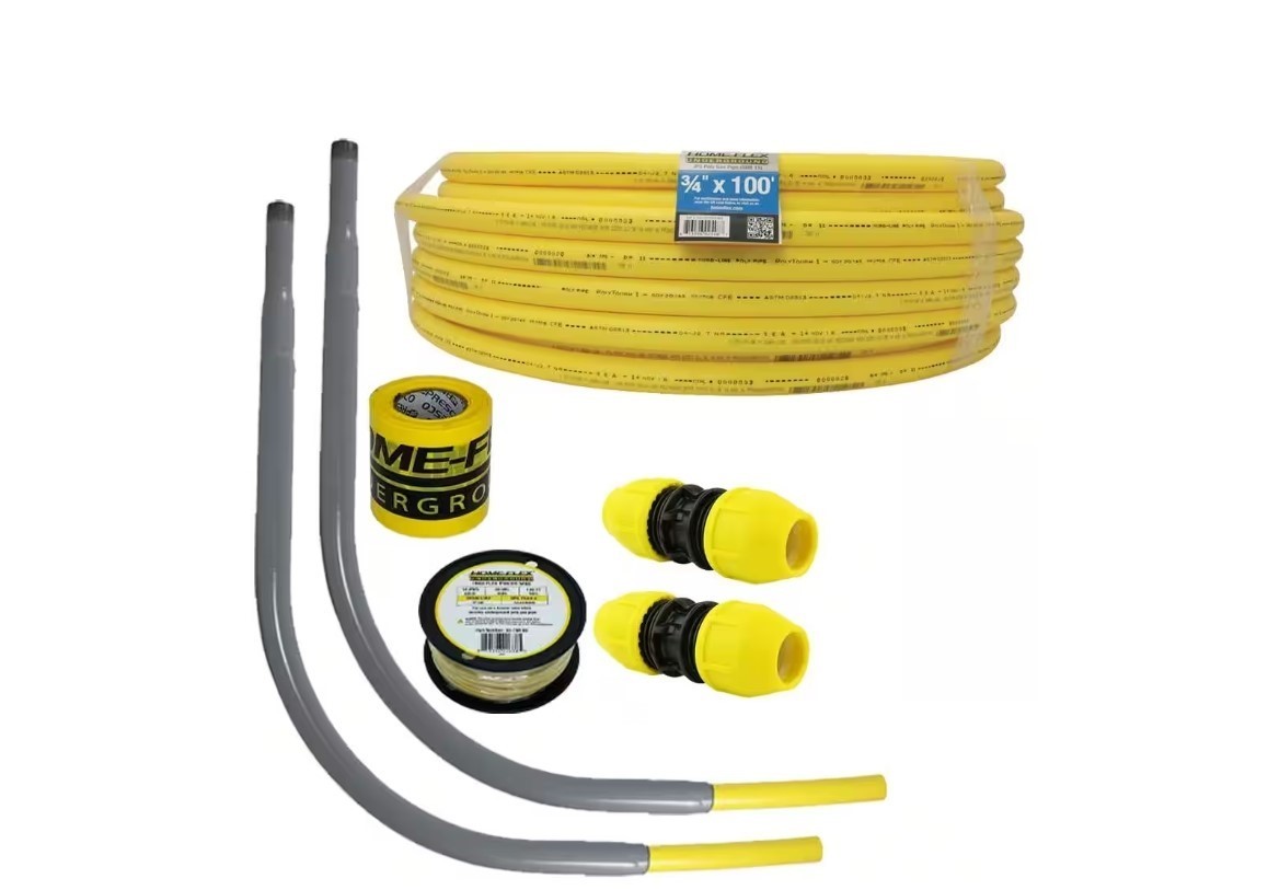 HOME-FLEX YELLOW UNDERGROUND 1" IPS KIT 100FT PIPE, 2XCOUPLERS, 2XMETER RISERS
