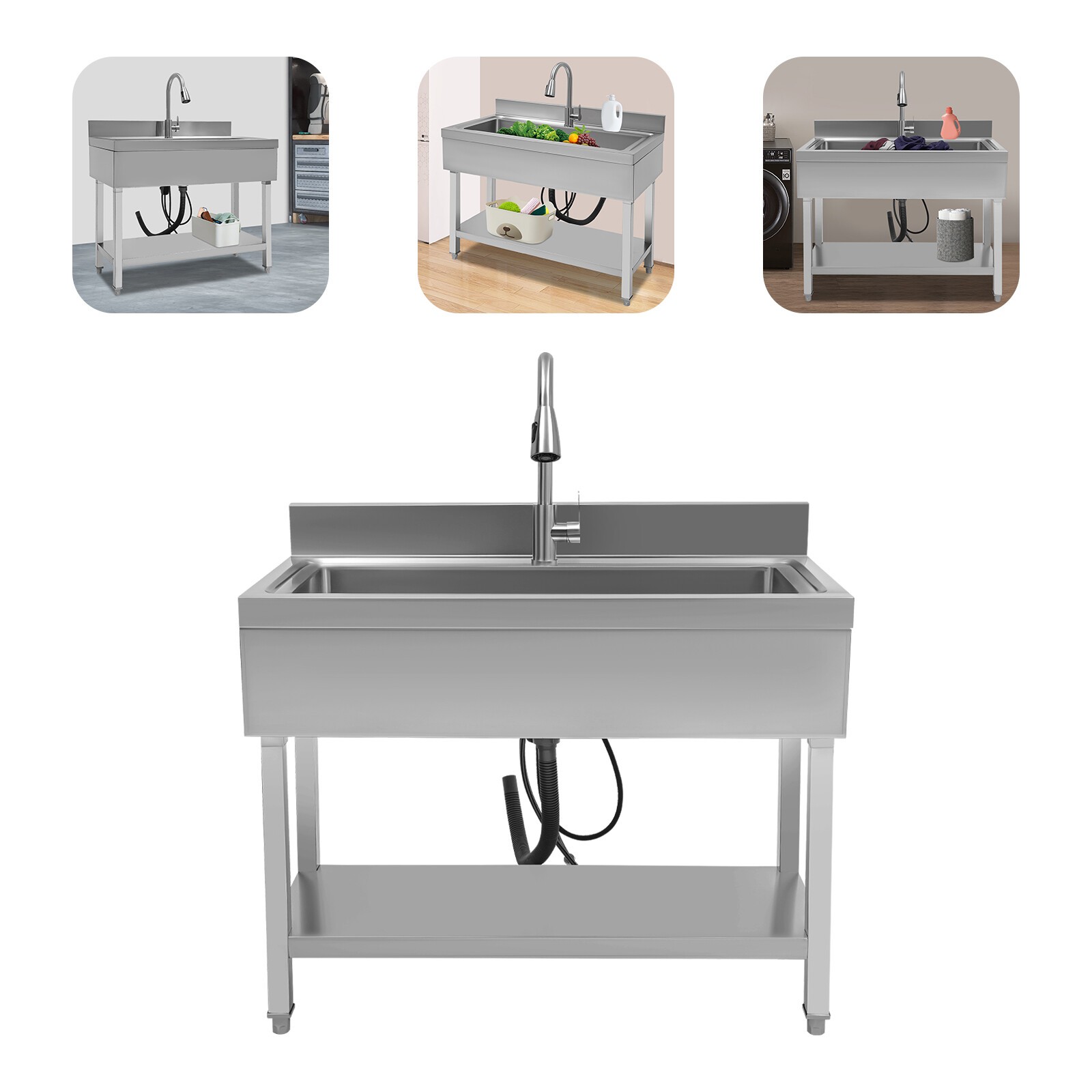 Commercial Sink Stainless Steel Utility Sink Single Bowl Kitchen Sink w/ Faucet