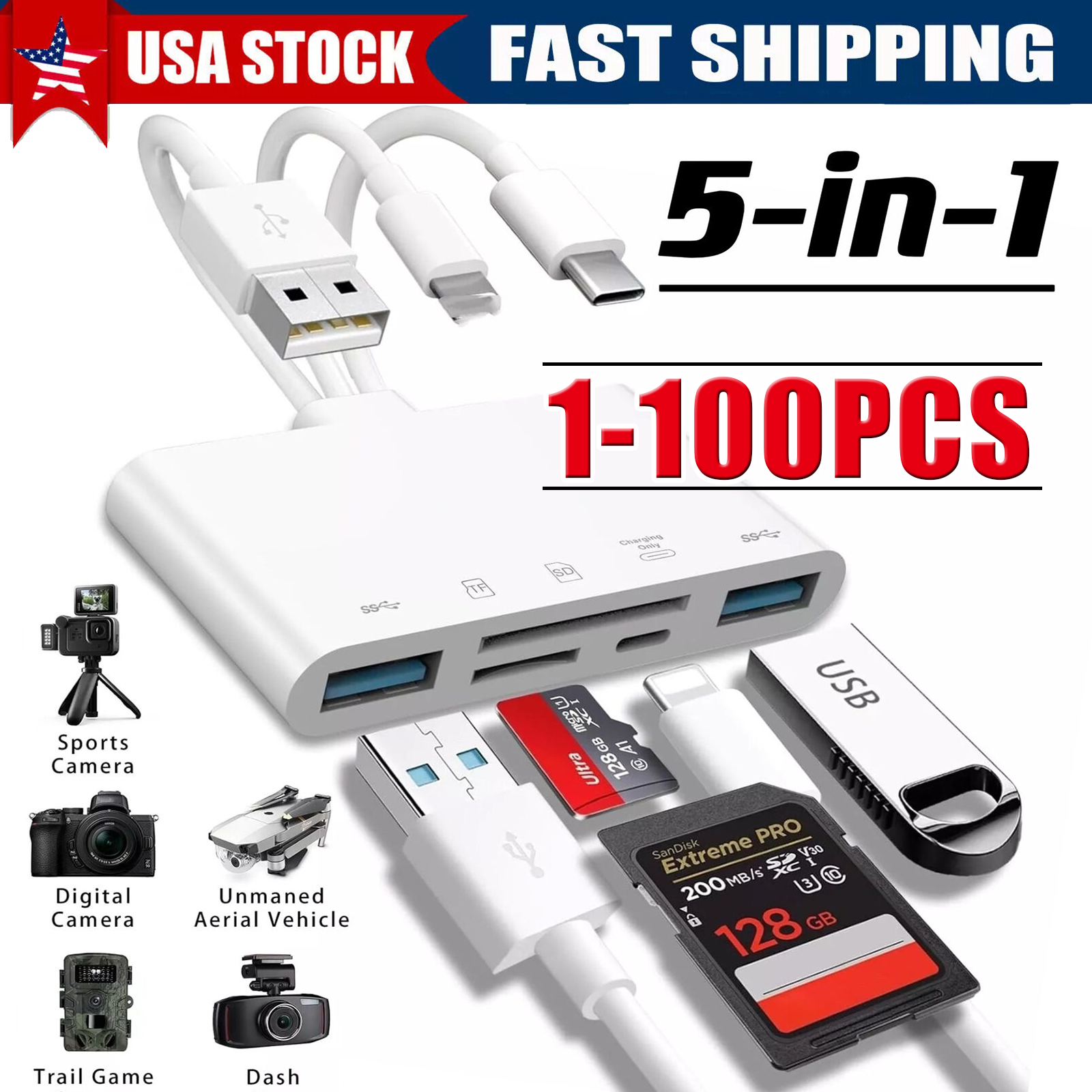 5 in 1 Memory Card Reader USB 3.0 OTG Adapter SD Card Reader For iPhone/iPad LOT