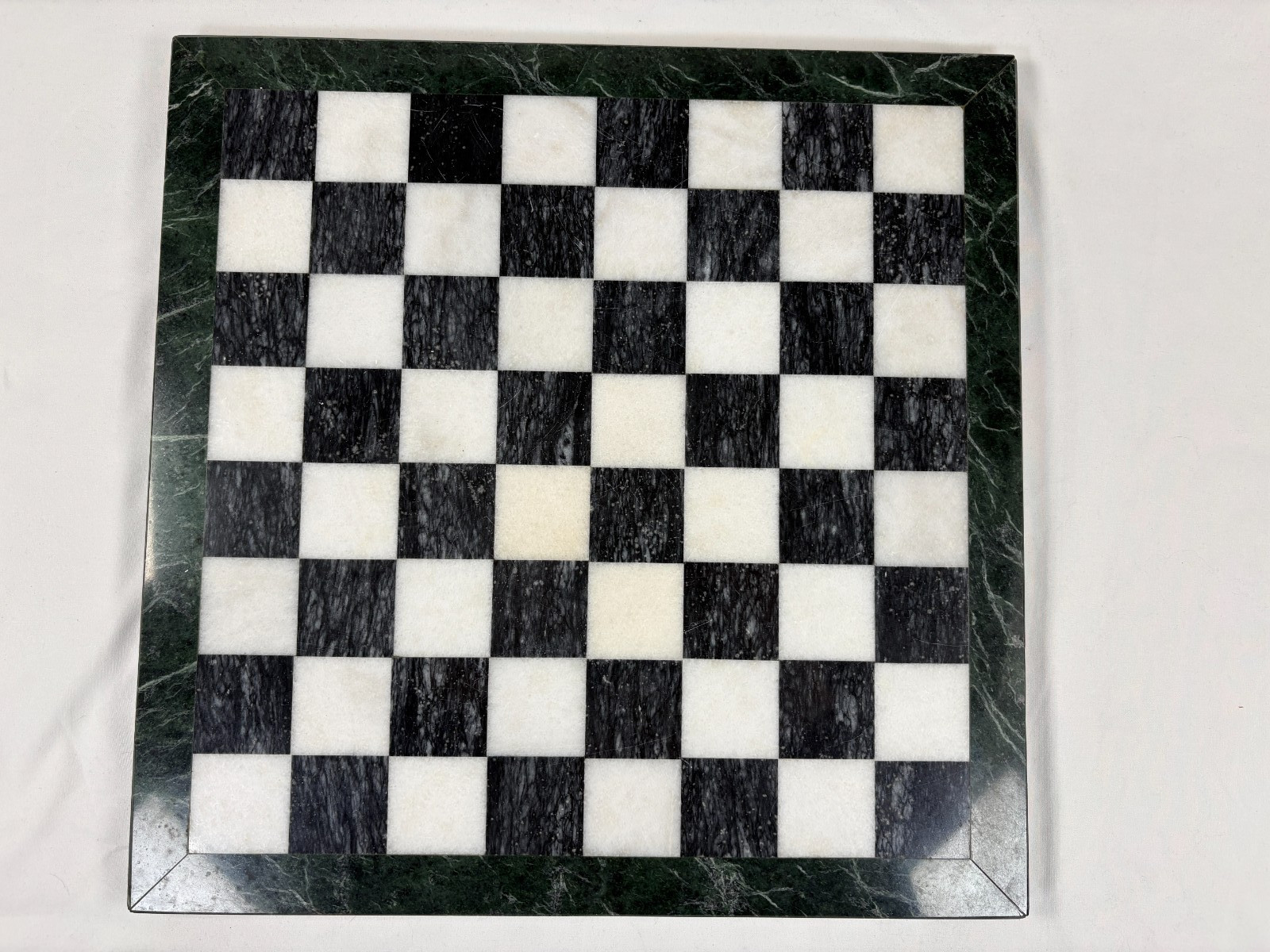 Marble Chess Board Black White With Green Border Stone 15 Inch Vintage Used