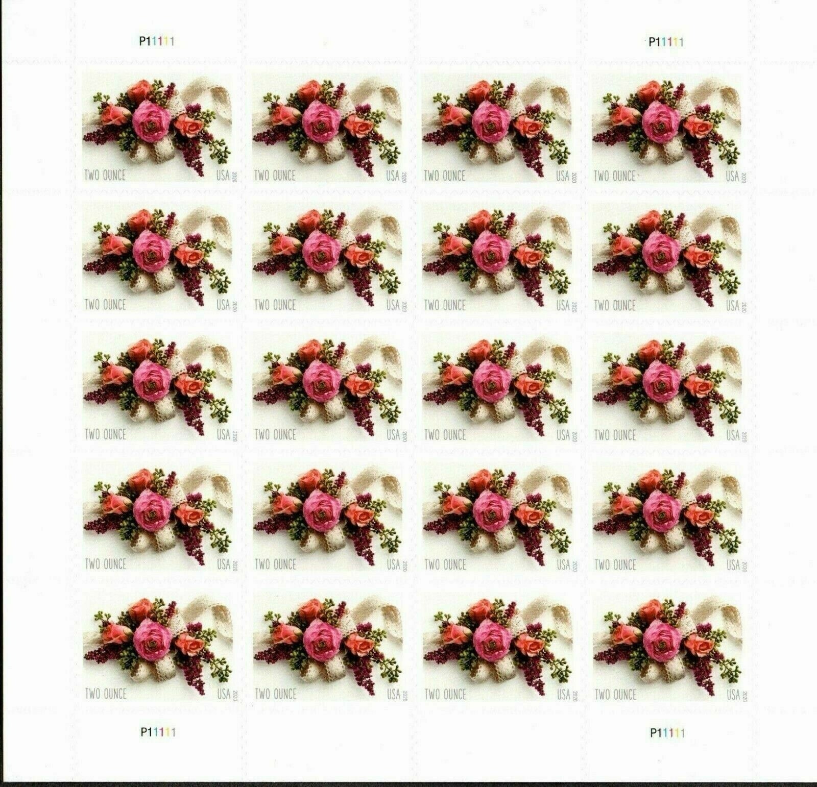 2020 USPS SHEET OF 20 TWO OUNCE STAMPS GARDEN CORSAGE 1.07¢