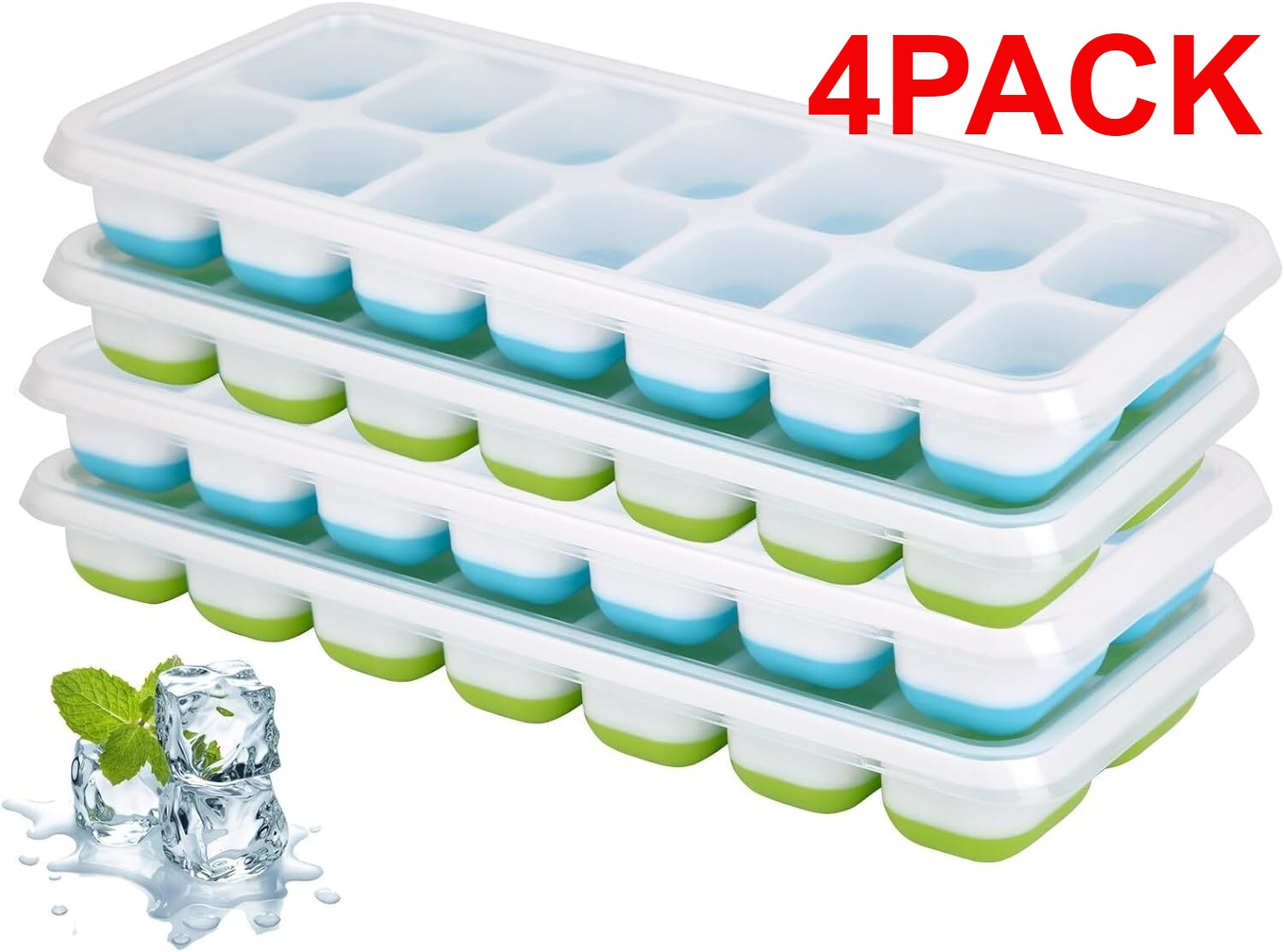 Ice Cube Tray, 4 Pack Silicone Ice Tray, 14 Ice Cube Molds with Lids, Stackable