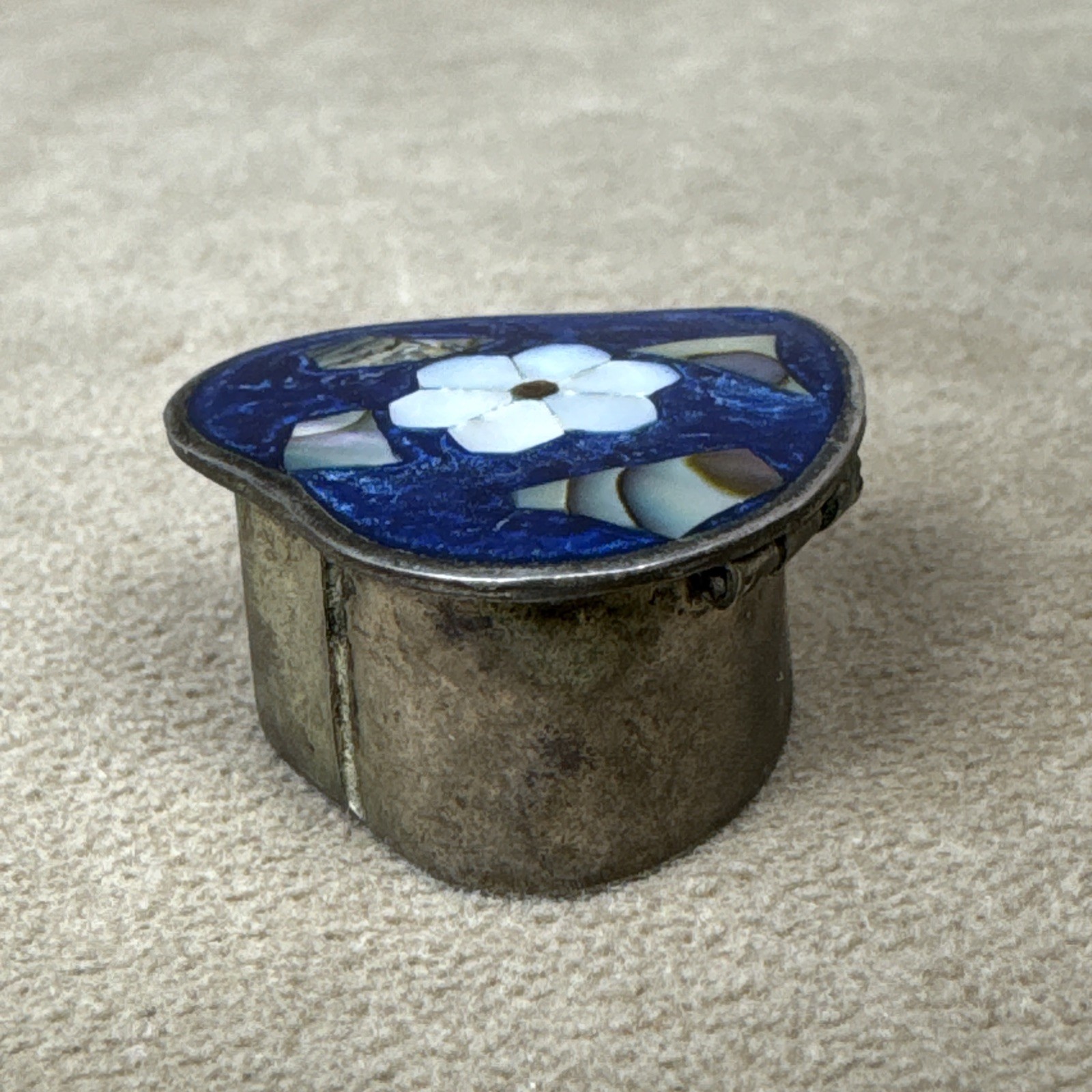 VTG Alpaca Mexico Silver Abalone Shell Inlay Pill Box Trinket-Flower Heart Daisy