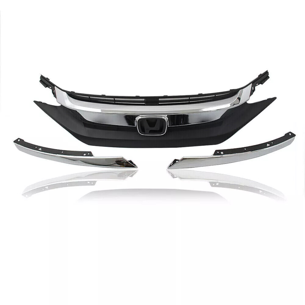 For 2016-2018 Honda Civic Sedan Front Bumper Upper Lower Grille W/ Fog Light