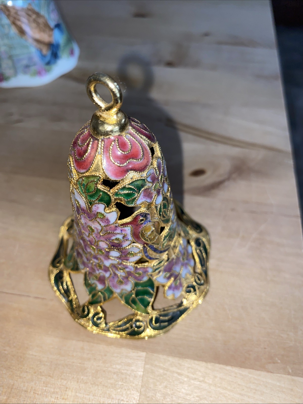 Chinese cloisonné bell W/Gold Trim, Ribbon, Pink Green Painted Design