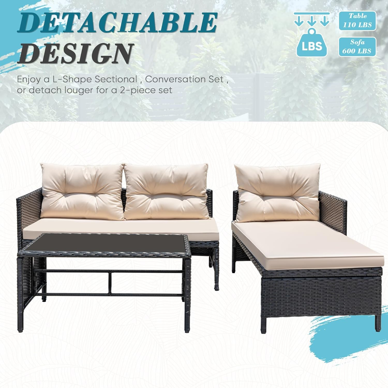 3 Piece Patio Furniture Set Outdoor Wicker Rattan Sectional Sofa with Cushions &