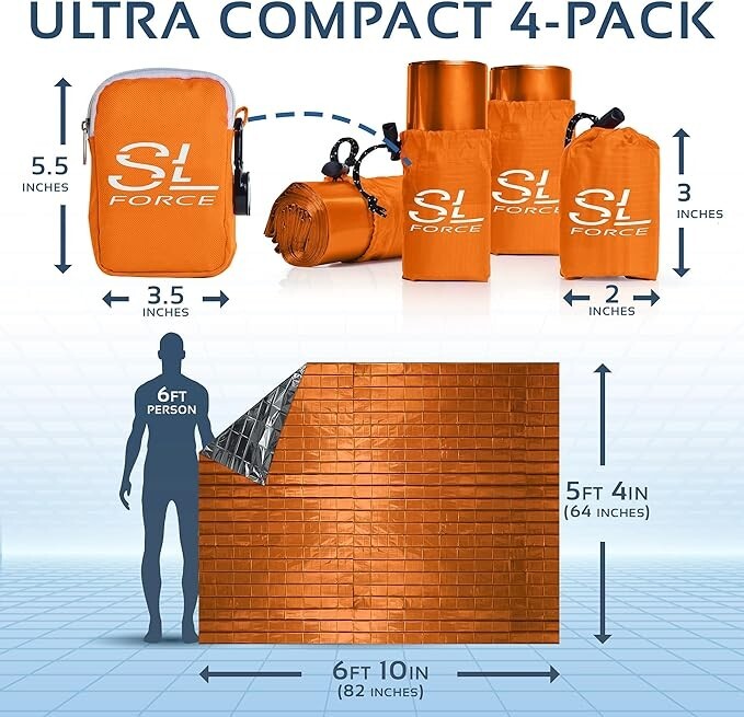 SLFORCE Emergency Blankets for Survival: 4 Pack of Gigantic Space Blanket Orange
