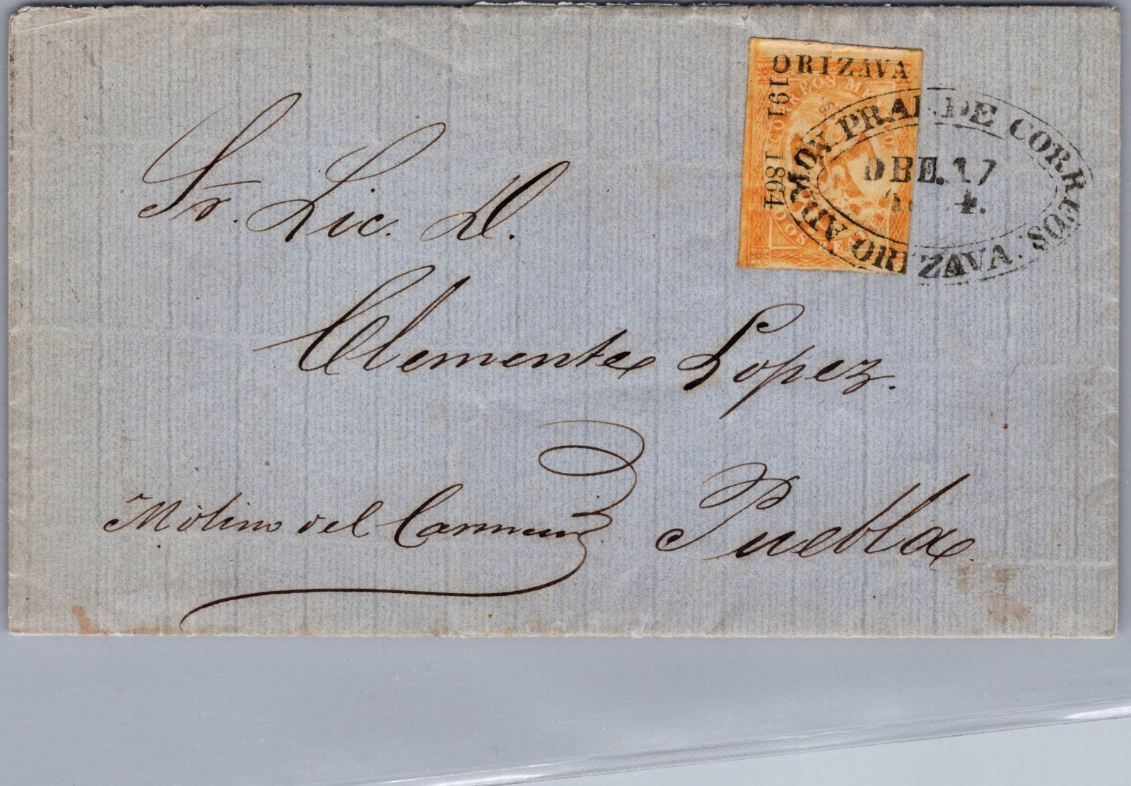 1865 Orizaba Ver Mexico FL Folded Letter Mail Cover to Molino del Carmen Puebla
