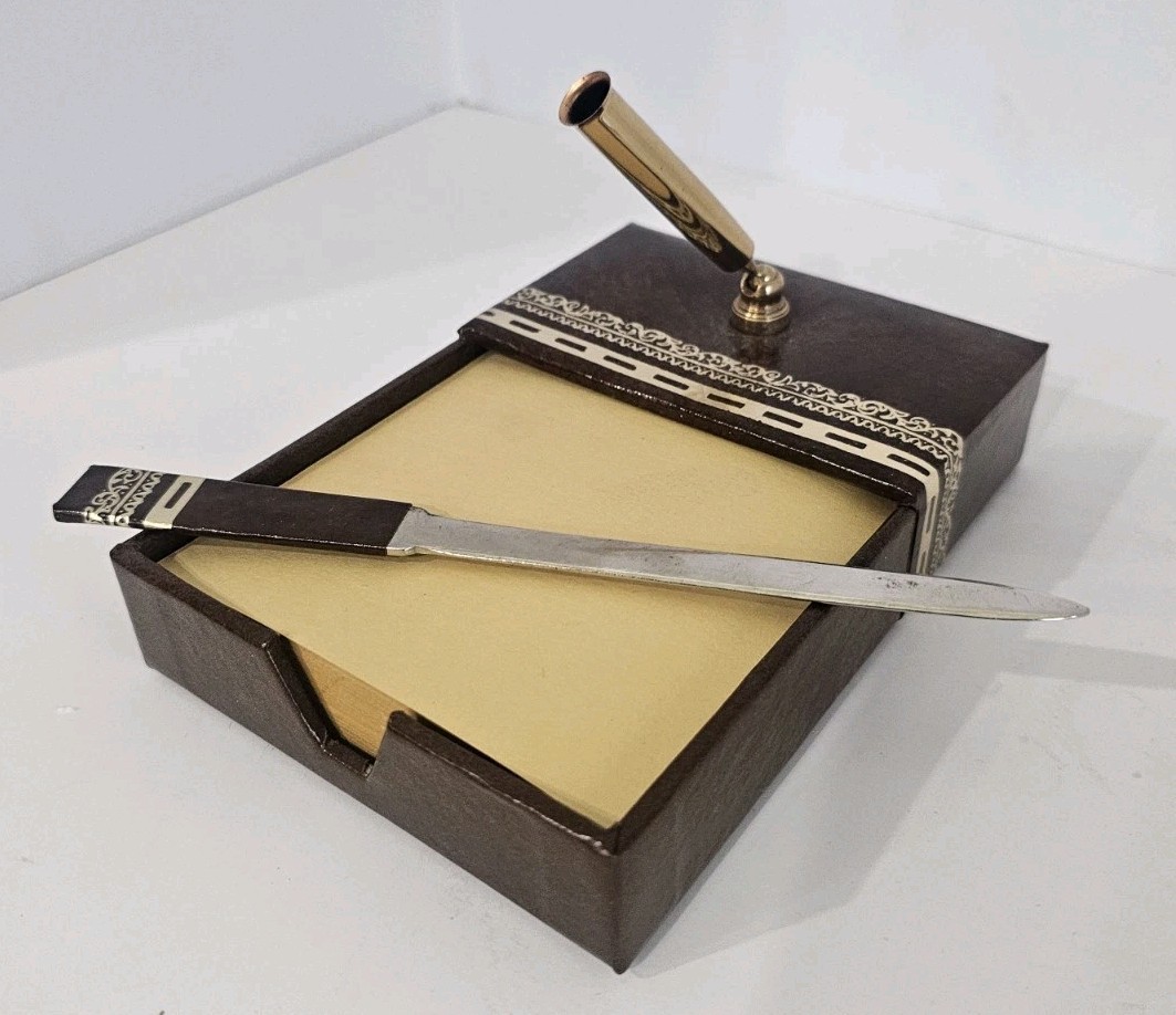 Vintage Desk Set Letter Opener Memo Holder Faux Leather Gold Office Desk...