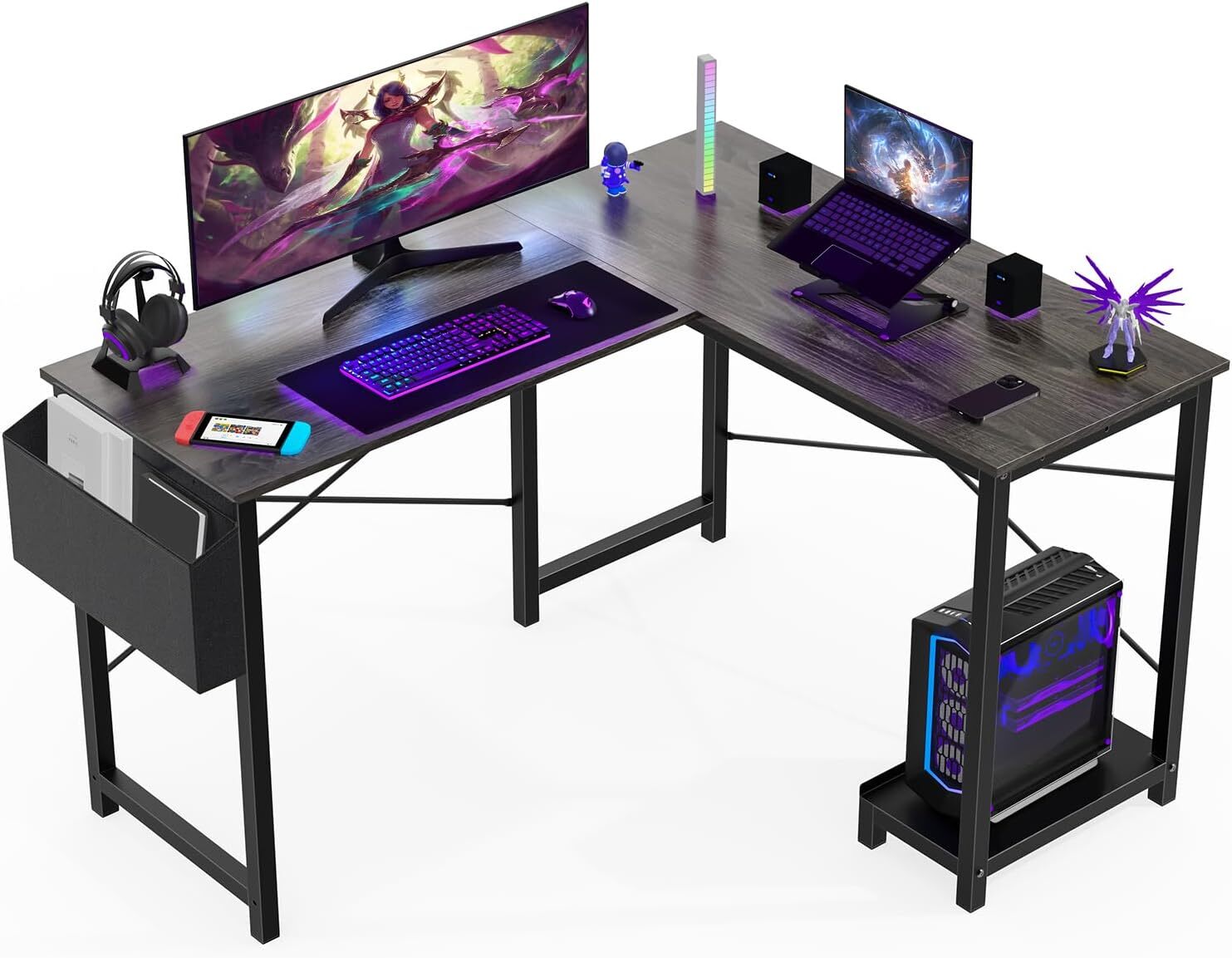 Home Office L Shape Corner Computer Desk Gaming PC Table with CPU Stand Side Bag