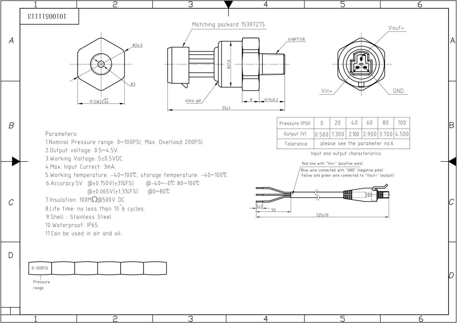 Stainless 100PSI Fuel Oil AIR Pressure Sensor Sender Connector pigtail 1/8" NPT
