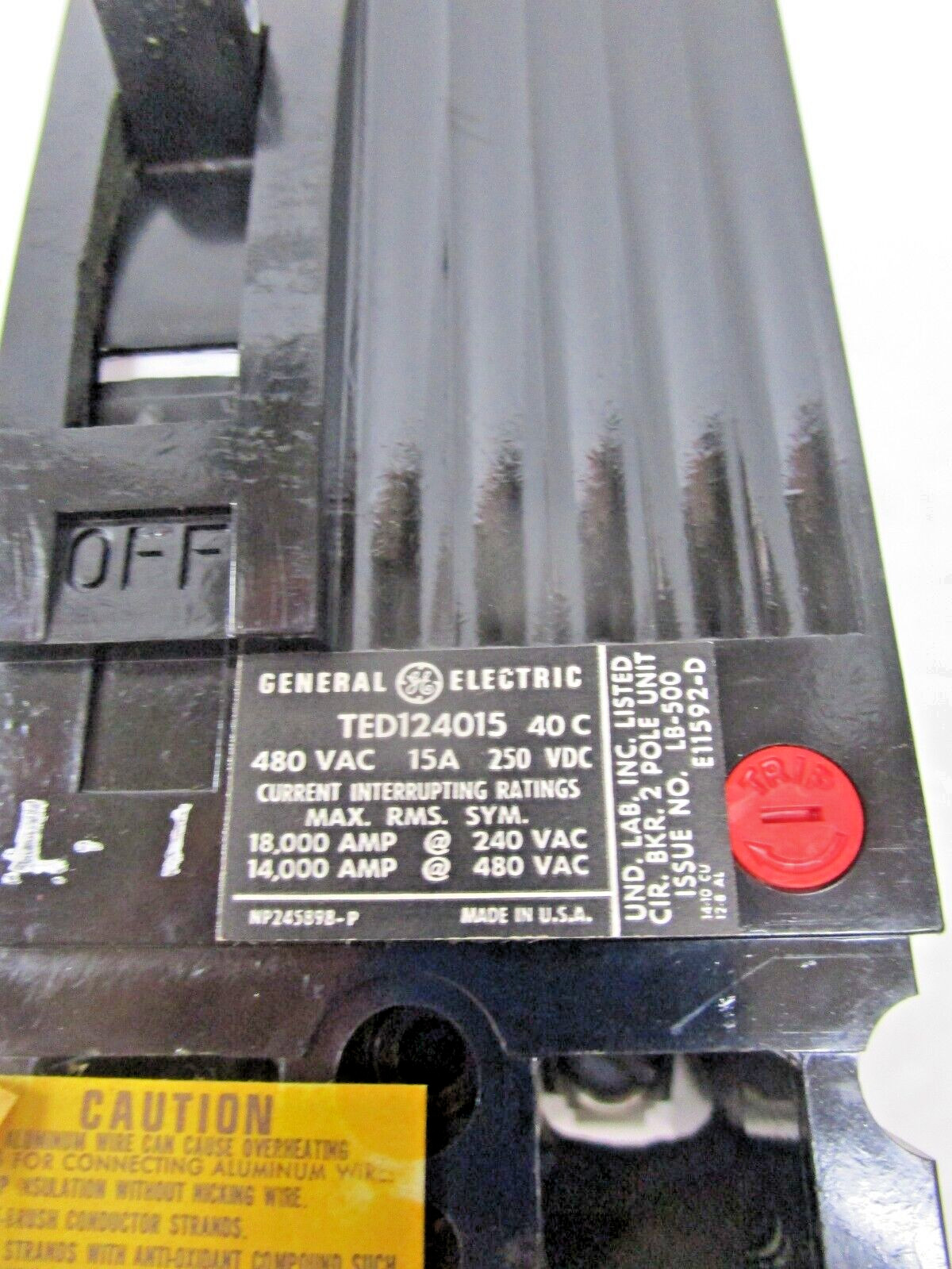(1) General Electric TED124015WL TED Circuit Breaker Model 1 2Pole