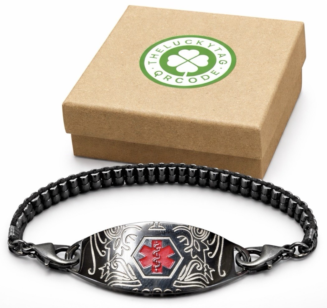 TheLuckyTag QR Code Medical Alert Bracelet Black Stainless NIB