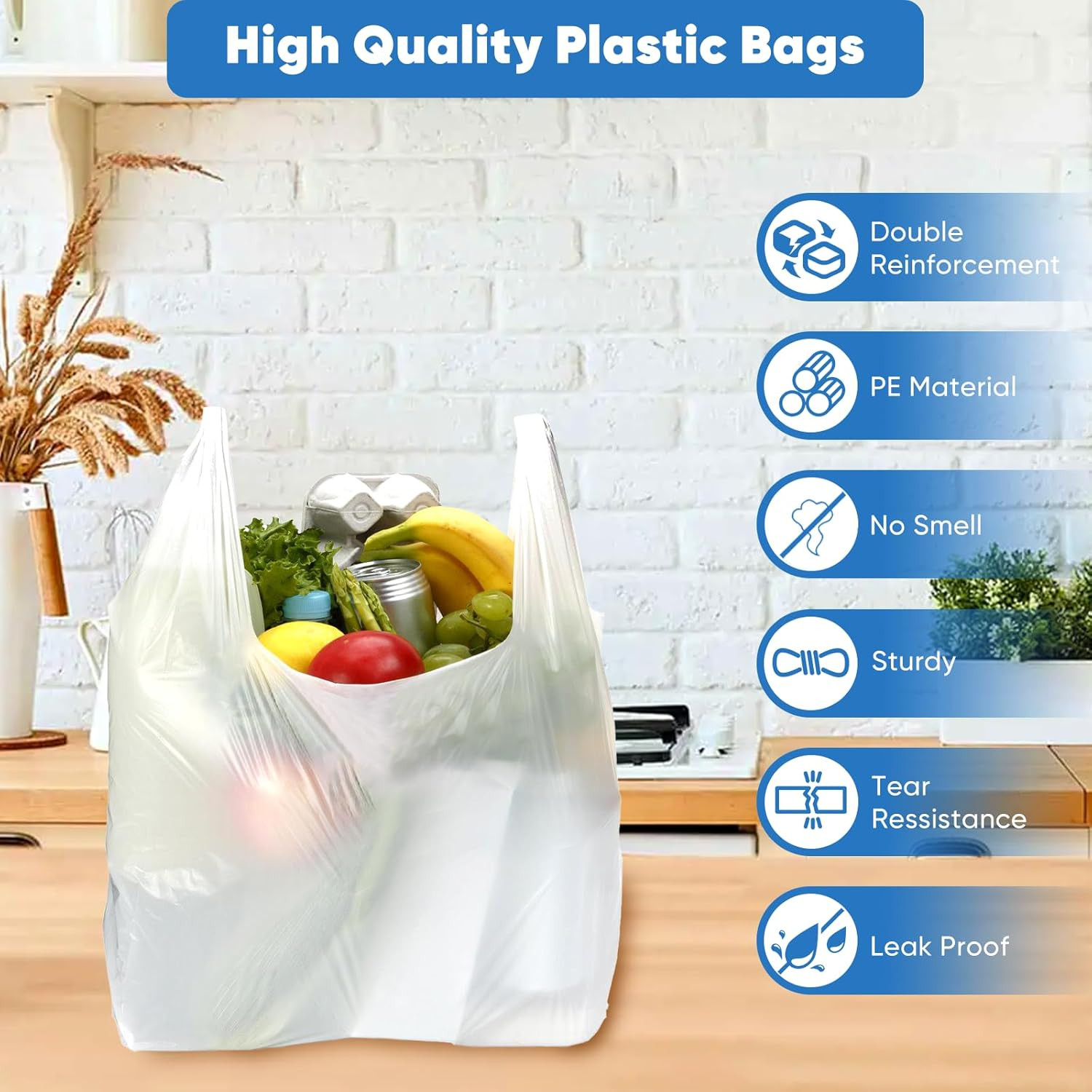 200 White Plastic Shopping Bags Handles Grocery T-Shirt Bag Bulk Heavy Duty