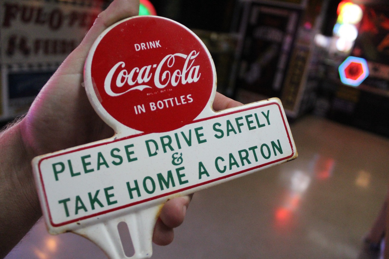 RARE 1950s DRINK COCA COLA DRIVE SAFELY STAMPED PAINTED METAL TOPPER SIGN SODA
