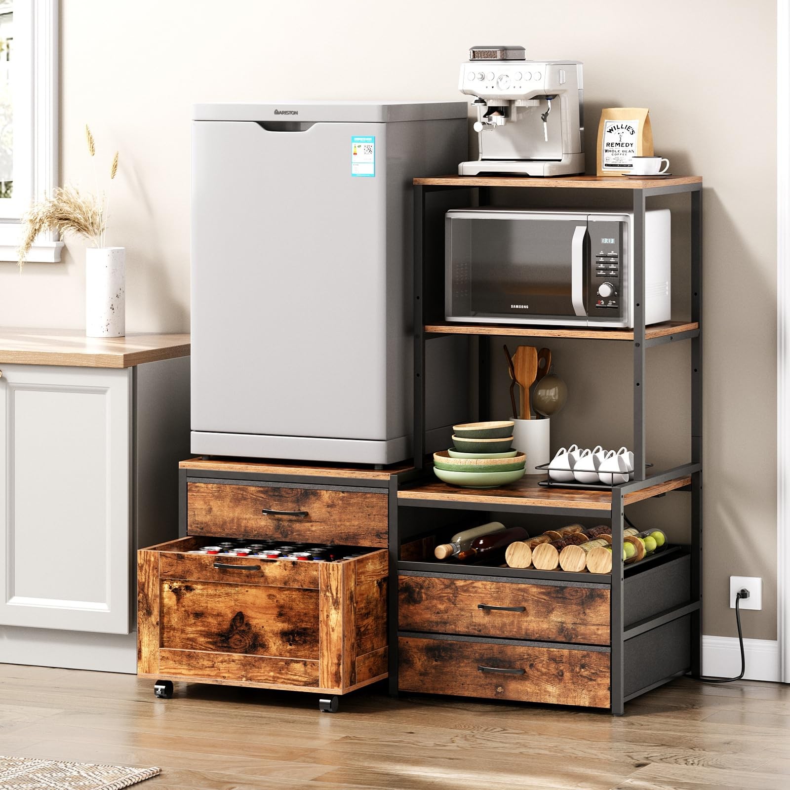 Mini Fridge Stand with Wine Rack Power Outlet Microwave Oven Stand Coffee Bar