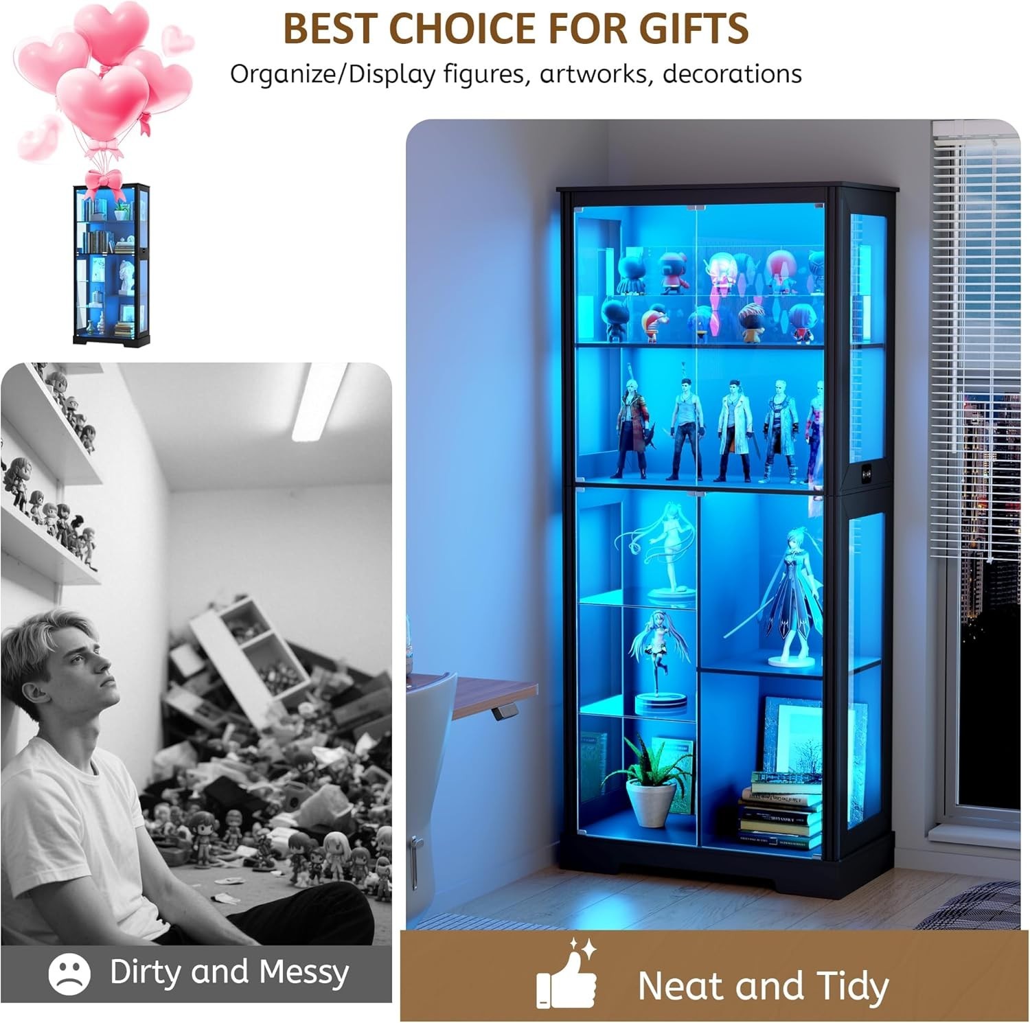 Display Cabinet with Doors, Curio Cabinet with LED Lights and Adjustable Shelves