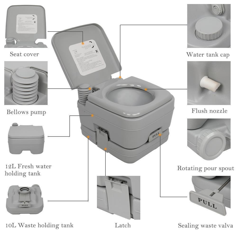 Portable Toilet 2.8 Gallon 10L Flush porta-potty Outdoor Indoor