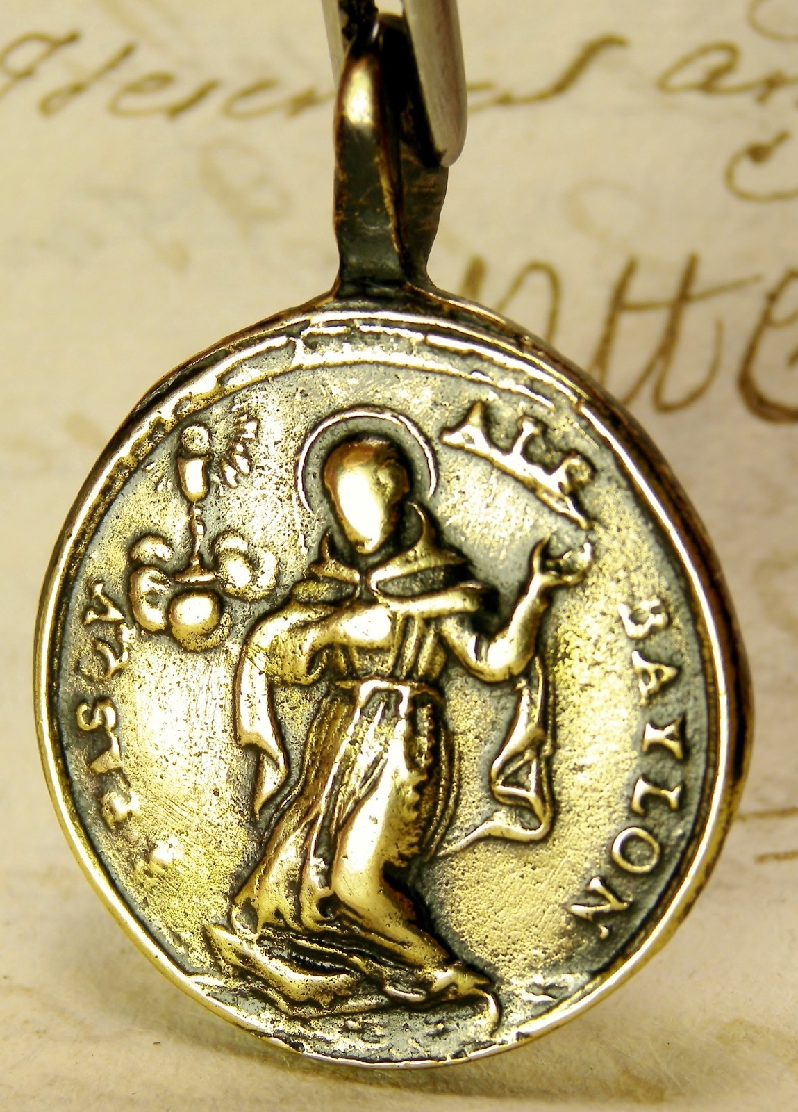 ANTIQUE 18TH CENTURY BRONZE MEDAL ST CLARE OF ASSISI & ST PASCHAL BAYLON