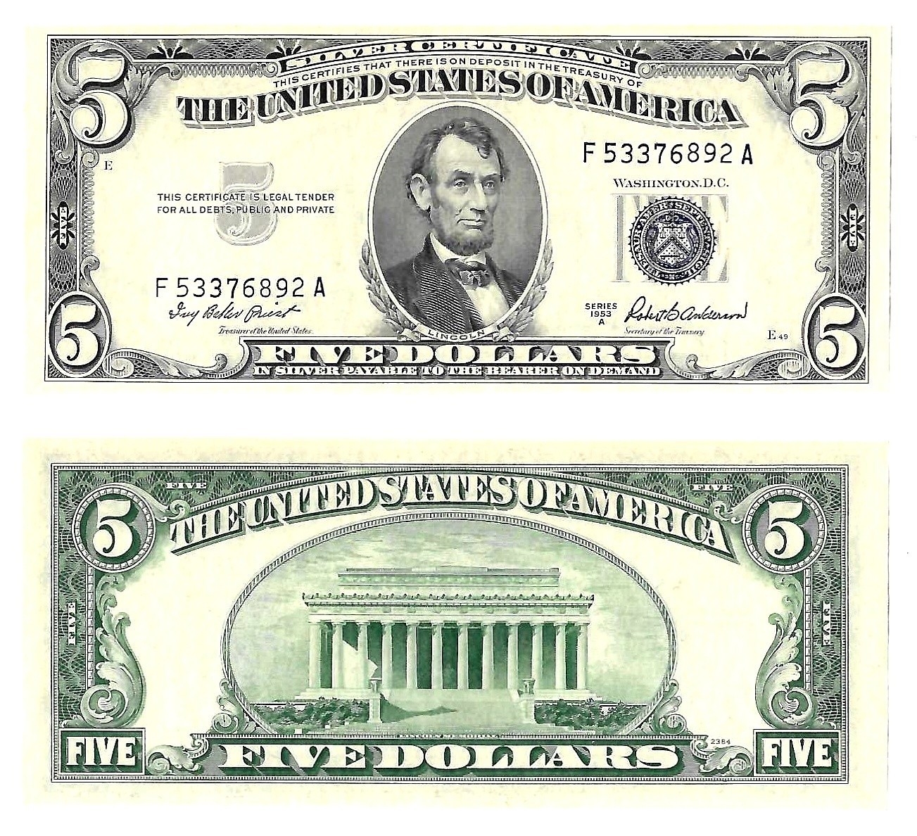 1953-A $5 Silver Certificate F-A Block Fr. 1656 Circ. #6892